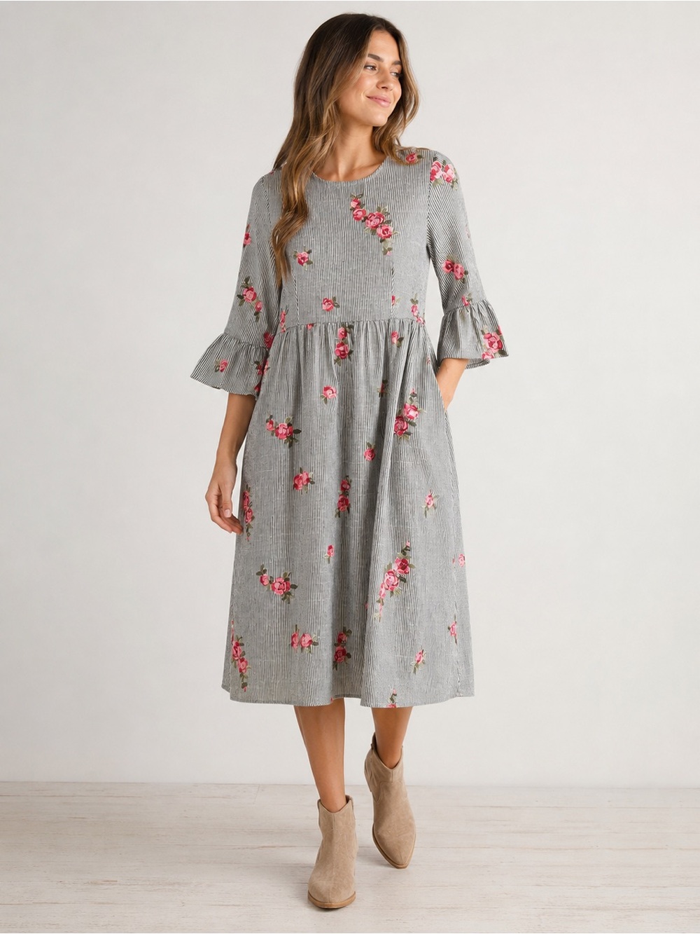 Piper & Scoot Embroidered Rose Stripe Midi Dress Size M Cottagecore Farmhouse
